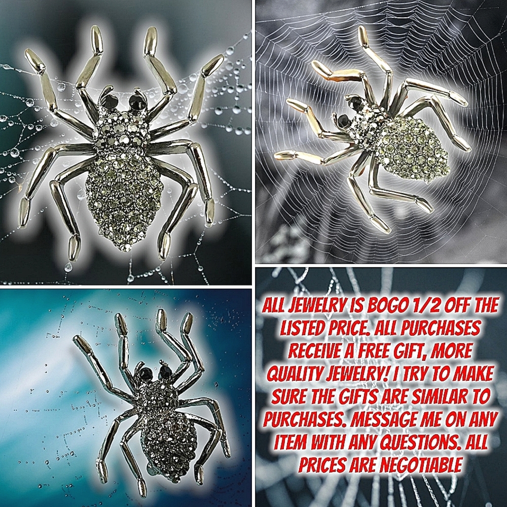Silver plated crystal spider brooch